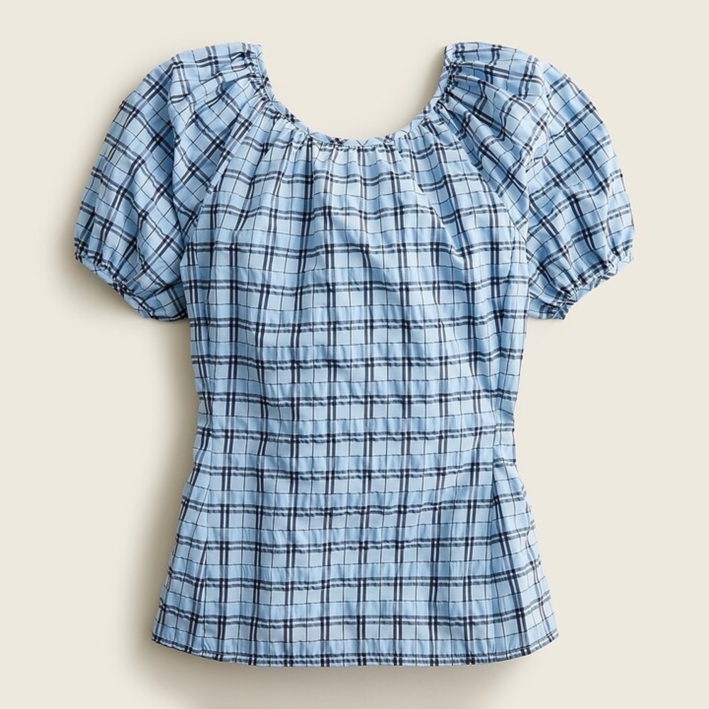 J Crew New V-back puff-sleeve top blouse in textured‎ plaid blue mist navy
